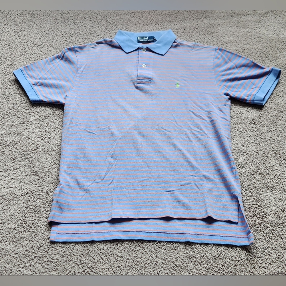 Polo Ralph Lauren Men's Blue Short Sleeve Polo With Orange Stripes, Medium